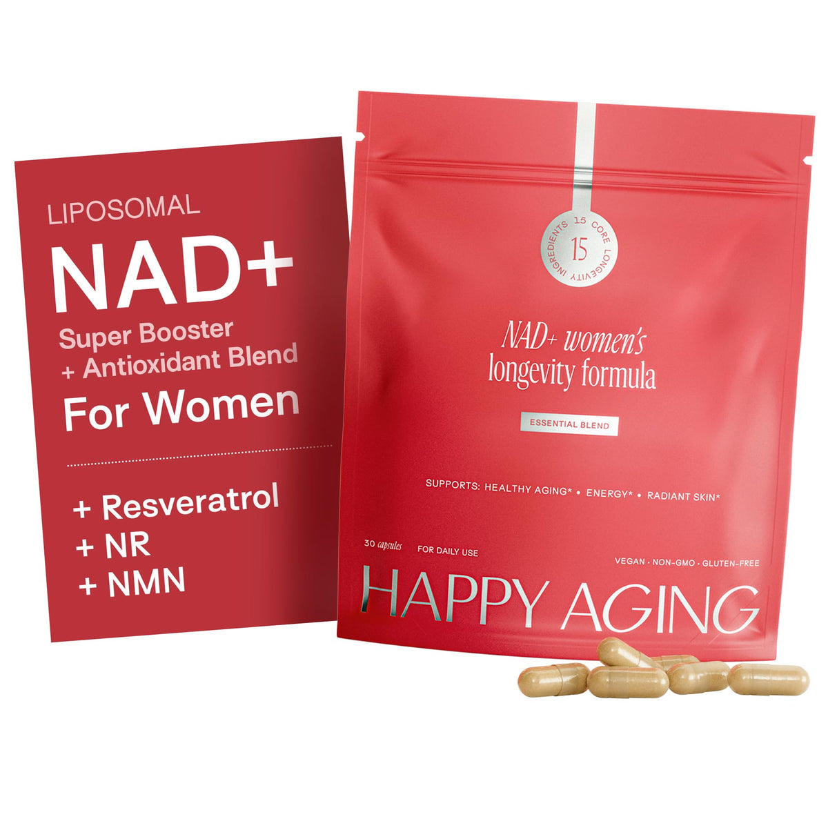 Two red packages of NAD+ supplements for women with capsules on a white background