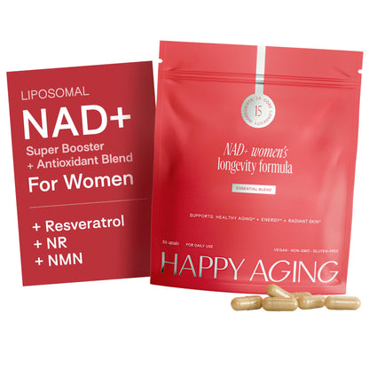 Two red packages of NAD+ supplements for women with capsules on a white background
