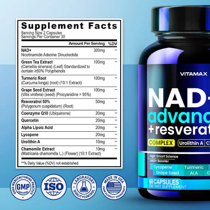 Liposomal NAD+ Supplement Extra Strength | Urolithin A, Resveratrol, CoQ10 - Women & Men - ALA, Green Tea, Quercetin, Lycopene | High Purity, Energy & Regeneration - Made in USA – 60ct VitamaxBuy Supplements Australia