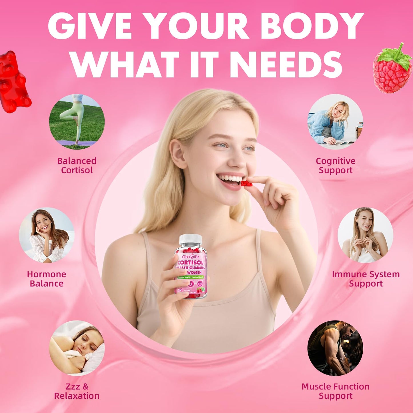 Cortisol Gummies for Women, Cortisol Supplements Gummies with Magnesium Ashwagandha Rhodiola Rosea and L-theanine Complex for Relaxation and Focus, Zzz Support, Raspberry Flavor, 60 Count GrnLifeBuy Supplements Australia
