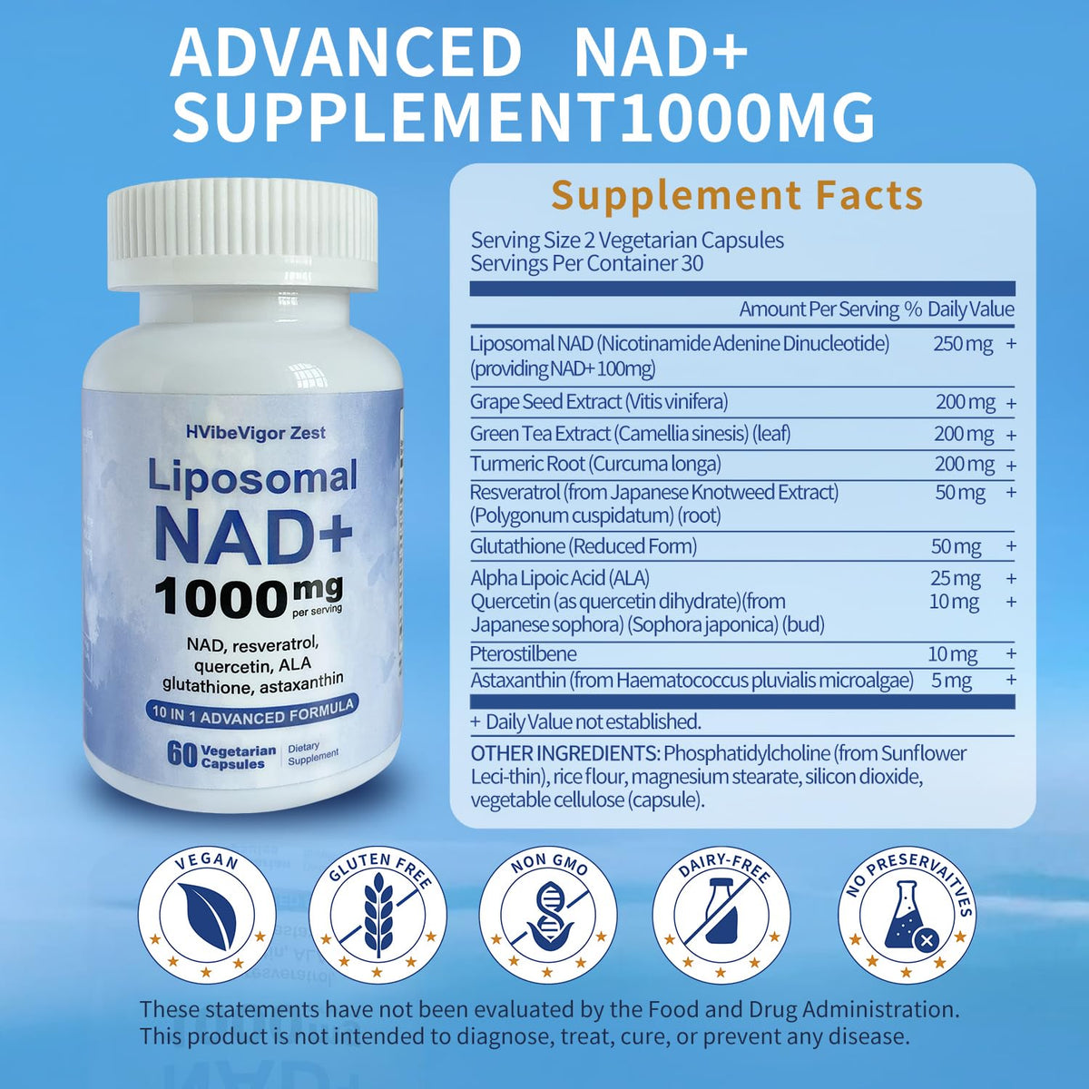 NAD Supplement 1000mg, Liposomal NAD+ Supplement with Resveratrol, Glutathione & Astaxanthin - Support Cellular Health, Stamina & Healthy Aging, NMN Supplement Alternative – 60 Capsules HVibeVigor ZestBuy Supplements Australia