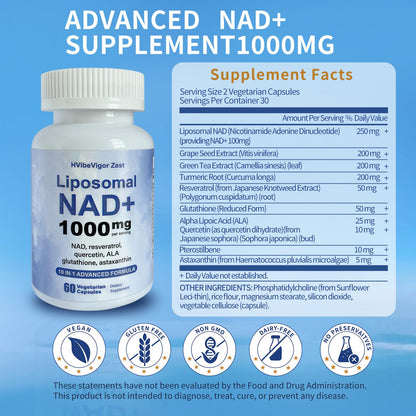NAD Supplement 1000mg, Liposomal NAD+ Supplement with Resveratrol, Glutathione & Astaxanthin - Support Cellular Health, Stamina & Healthy Aging, NMN Supplement Alternative – 60 Capsules HVibeVigor ZestBuy Supplements Australia