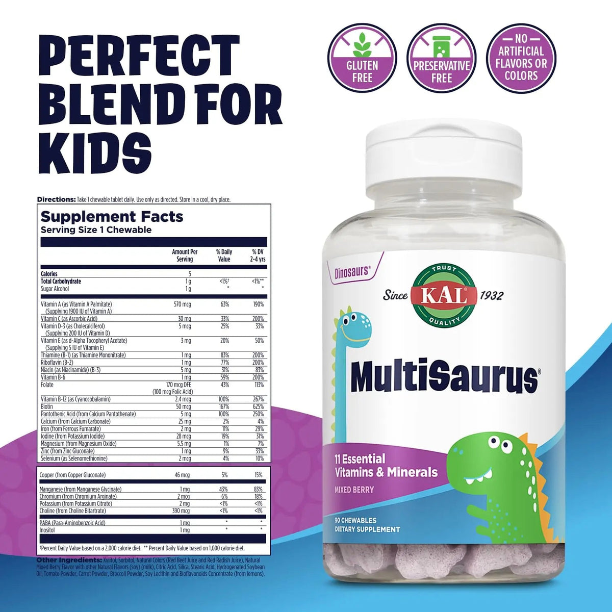 KAL MultiSaurus Kids Chewable Multivitamins, 11 Essential Vitamins and Minerals for Kids, Mixed Berry Flavor, Gluten and Preservative Free KAL