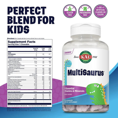 KAL MultiSaurus Kids Chewable Multivitamins, 11 Essential Vitamins and Minerals for Kids, Mixed Berry Flavor, Gluten and Preservative Free KAL