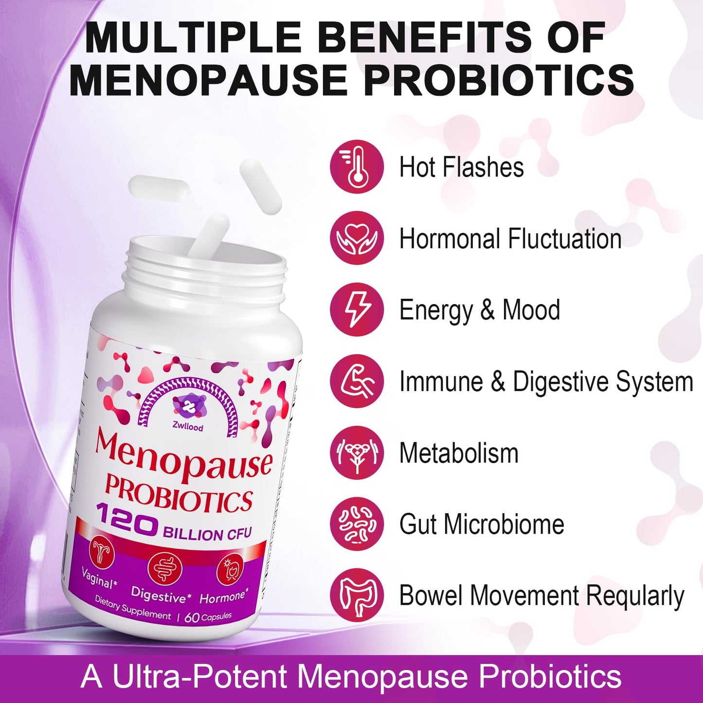 Menopause Supplements for Women, 120 Billion CFU Menopause Probiotics for Women, All-Natural Probiotic for Hot Flashes Menopause, Night Sweats, Mood Swings, Gut and Hormone - 60 Herbal Capsules ZwlloodBuy Supplements Australia