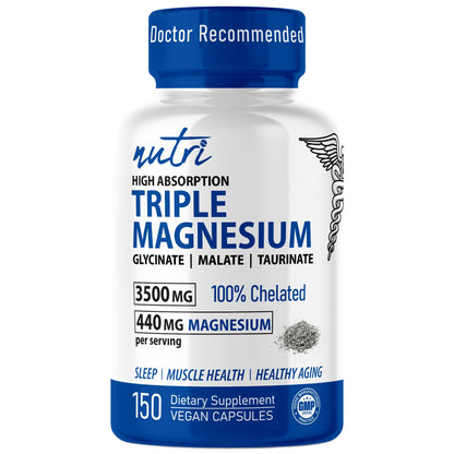 Supplement bottle labeled 'Triple Magnesium' with blue and white design on a white background