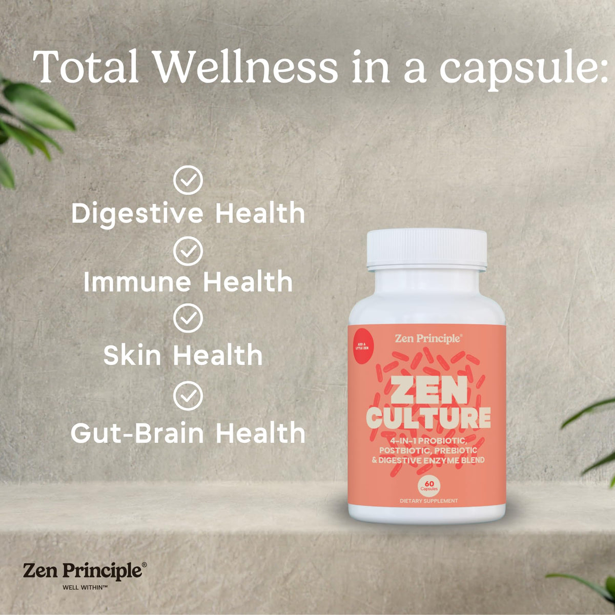 Zen Principle Zenculture™ – 4-in-1 Synbiotic Supplement (Probiotic + Prebiotic + Postbiotic + Digestive Enzymes) with CoreBiome®. Anti Bloating
