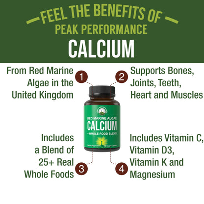 Plant Based Calcium - Red Marine Algae Calcium Supplement with Vitamin C, D3, K, Magnesium, and Whole Food Vegetable Blend. Vegan Capsules for Bones and Joints. 120 Pills, Tablets Peak PerformanceBuy Supplements Australia