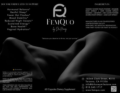 FemQuo by Dr. Honey Menopause & Perimenopause Support for Women Non Hormonal OBGYN Formulated with Rhapontic Rhubarb Red Clover Hops &Sage to Help Hot Flashes Night Sweats Sleep and Mood 60 Capsules FemQuo by Dr. HoneyBuy Supplements Australia