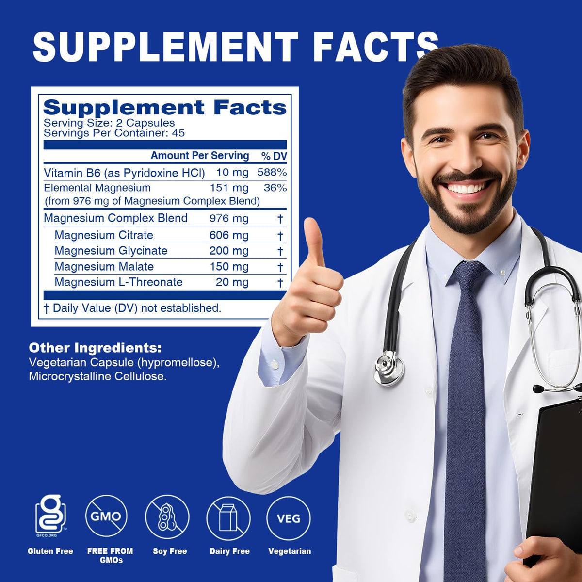 5 in 1 Magnesium Complex Capsule 976mg wtih Magnesium Glycinate, Citrate, Malate, L-Threonate & Vitamin B6, High Absorption Magnesium Complex for Women & Men, Third-Party Tested, Vegan, Non-GMO Sound Health PlusBuy Supplements Australia