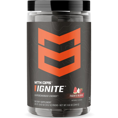 MTN OPS Ignite Trail Packs Energy Drink Powder, Gluten Free Nootropic Supplement Drink Mix, L Arginine, L Citrulline, Caffeine & Nootropic Sugar Free Drink Mix, 20 Servings, Tiger's Blood MTN OPSBuy Supplements Australia