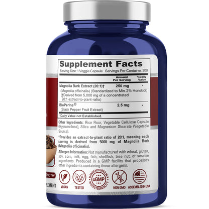NusaPure Magnolia Bark 20:1 Extract, 250 mg Equivalent to 5,000 mg 200 Vegan Vegetarian Capsules Non-GMO NusaPureBuy Supplements Australia