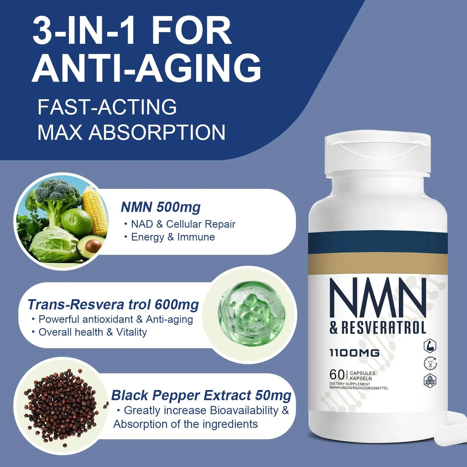 Jeaderly 1100mg NMN & Trans-Resveratrol, 3-in-1 Supplement, 60 Veggie Capsules – Supports NAD+ Boost*, Cellular Energy, Immune Function, Muscle Health & Anti-Aging, 30-Day Supply JeaderlyBuy Supplements Australia