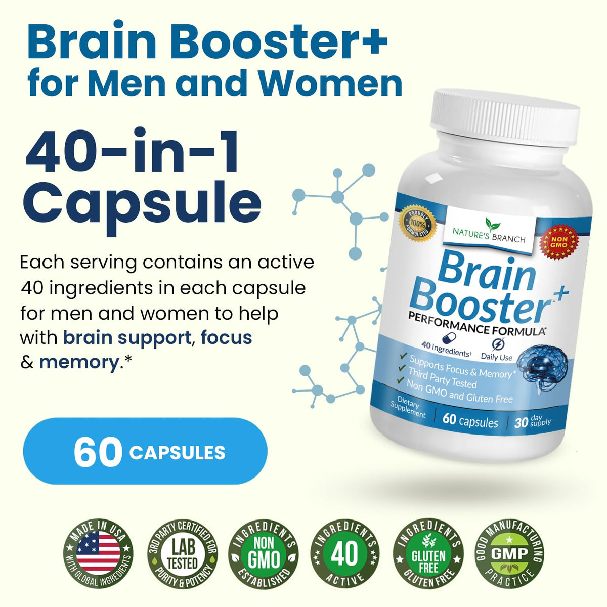 40-in-1 Brain Booster Supplement for Focus, Memory, Clarity, Energy | Advanced Vitamins Plus eBook | for Men & Women, Cognitive Function Nootropic Support with DMAE, Mind Health Formula | 60 Capsules NATURE'S BRANCHBuy Supplements Australia