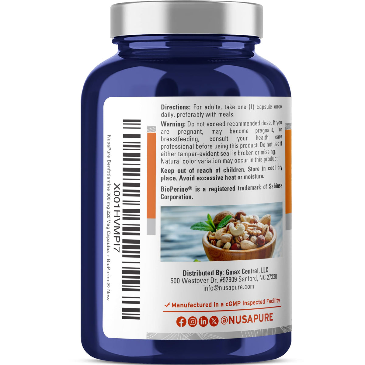NusaPure Benfotiamine 300mg Per Veggie Caps 220 Count (Non-GMO, Vegan) Bioperine NusaPureBuy Supplements Australia