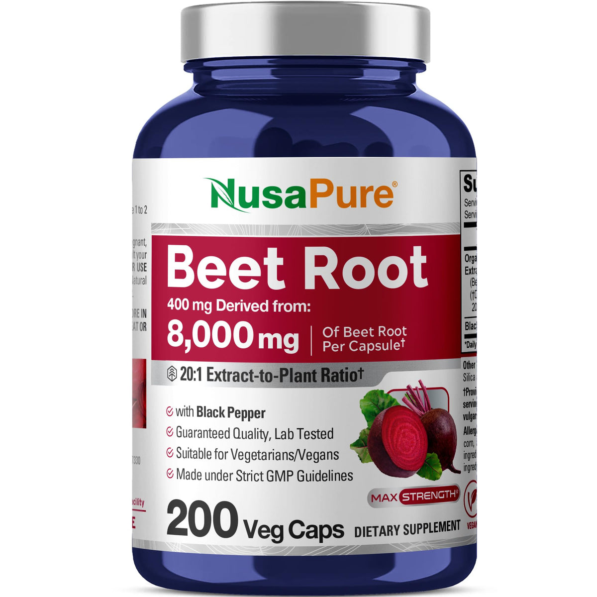 NusaPure Organic Beet Root 20:1 Extract, 400 mg Equivalent to 8,000 mg - Black Pepper 4:1 Extract, 10 mg - 200 Veggie caps (Vegan, Non-GMO) NusaPureBuy Supplements Australia