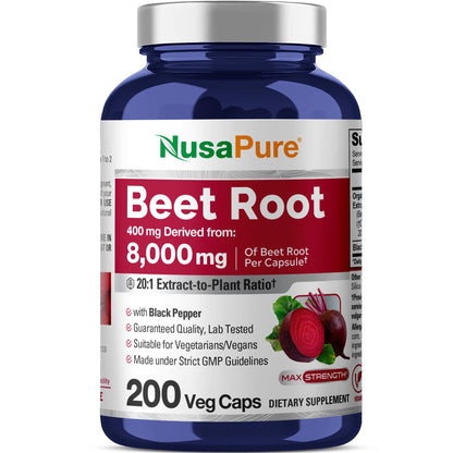 NusaPure Organic Beet Root 20:1 Extract, 400 mg Equivalent to 8,000 mg - Black Pepper 4:1 Extract, 10 mg - 200 Veggie caps (Vegan, Non-GMO) NusaPureBuy Supplements Australia
