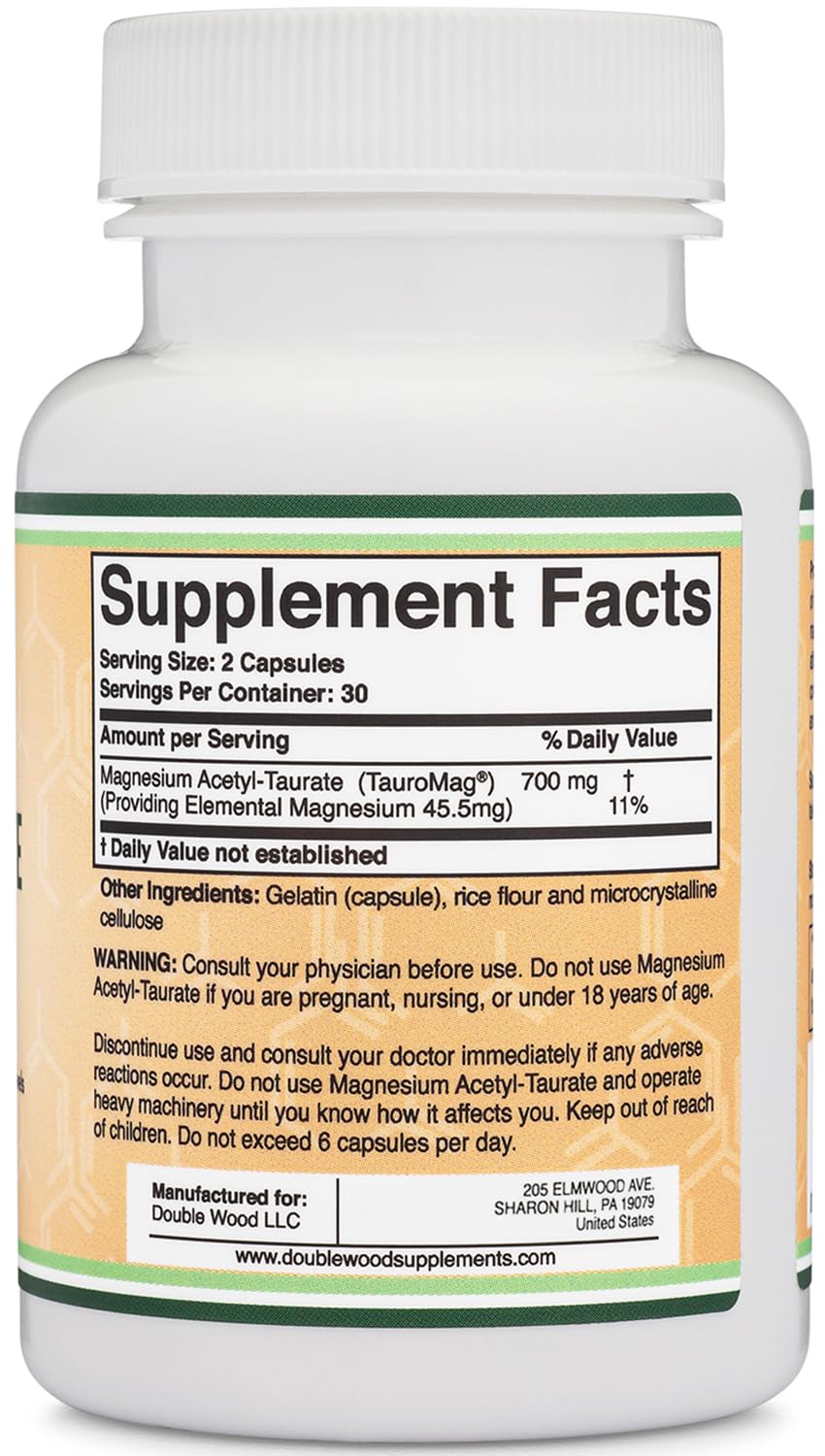 Magnesium Acetyl-Taurate (ATA MG, TauroMag) Novel and Patented Form of Magnesium for PMS and Cramp Relief (60 Capsules, 350mg) PMS Relief Magnesium Supplement by Double Wood Supplements Double Wood SupplementsBuy Supplements Australia