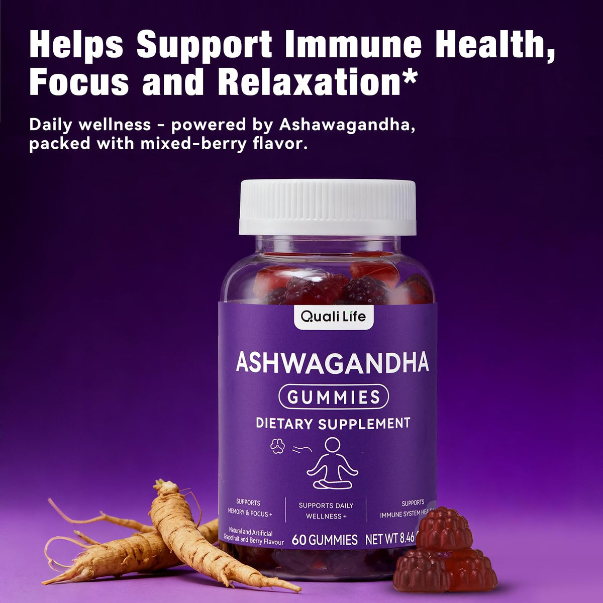 QualiLife Ashwagandha Gummies for Relax & Cortisol Support – High Strength Root Extract with Cranberry & Chaste Tree, Grapefruit & Berry Flavour – Vegan, Non-GMO, Gluten-Free – 60 Gummies (30 Days) QualiLifeBuy Supplements Australia