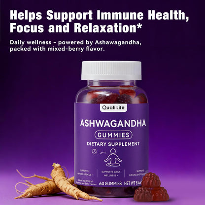 QualiLife Ashwagandha Gummies for Relax & Cortisol Support – High Strength Root Extract with Cranberry & Chaste Tree, Grapefruit & Berry Flavour – Vegan, Non-GMO, Gluten-Free – 60 Gummies (30 Days) QualiLifeBuy Supplements Australia