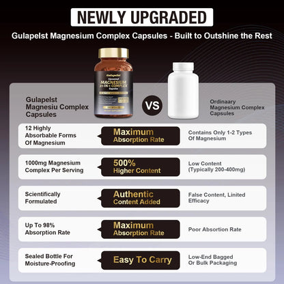 21 in 1 Liposomal 1400mg Magnesium Complex (Citrate, Glycinate, Malate etc) Capsule - 12 Active Types Magnesium with Vitamin D3, B6, B12, C, Ashwagandha & CoQ10 for Women & Men Gulapelst canada supplements