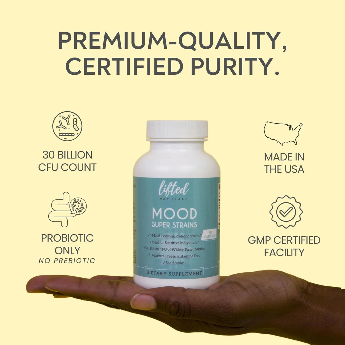 Probiotics - Mood Super Strains Probiotic - Naturally Supports Digestion & Mood - Histamine-Free Probiotics w/ L Rhamnosus GG, Shelf Stable Probiotic Supplement, 60 Day Supply, Non-GMO, VEGAN Lifted NaturalsBuy Supplements Australia