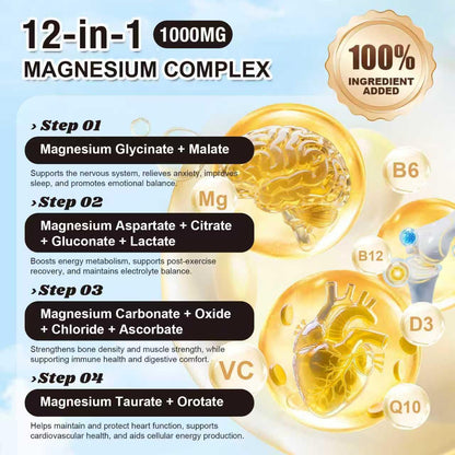 21 in 1 Liposomal 1400mg Magnesium Complex (Citrate, Glycinate, Malate etc) Capsule - 12 Active Types Magnesium with Vitamin D3, B6, B12, C, Ashwagandha & CoQ10 for Women & Men