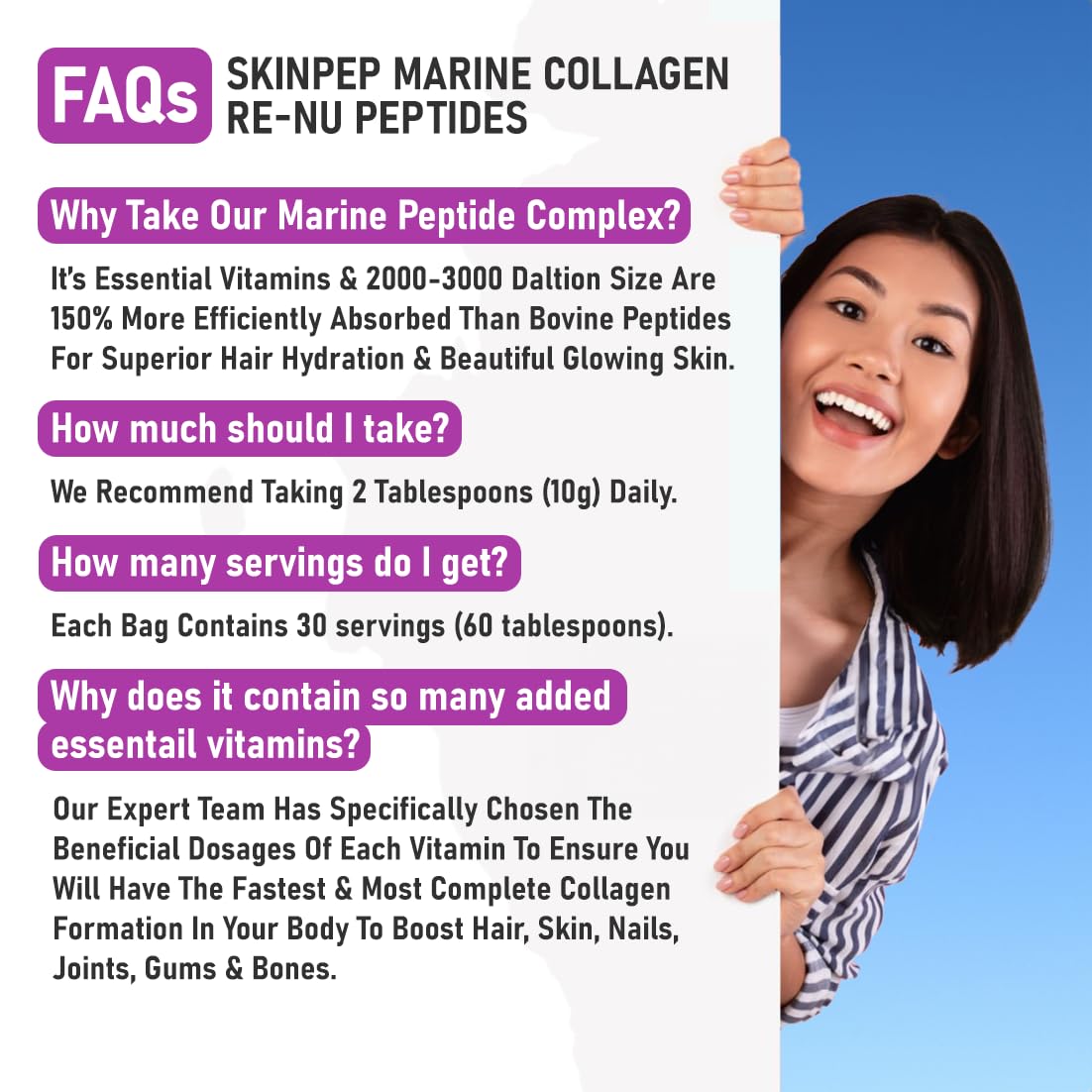 Premium Hydrolysed Marine Collagen Peptide Powder + VIT C, B Complex Hyaluronic Acid, & Stevia. Delicious Taste/No Fishy Smell - SkinPep® Collagen Re-Nu 300g - 30 Days Supply SkinPepBuy Supplements Australia