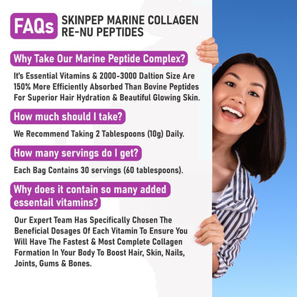 Premium Hydrolysed Marine Collagen Peptide Powder + VIT C, B Complex Hyaluronic Acid, & Stevia. Delicious Taste/No Fishy Smell - SkinPep® Collagen Re-Nu 300g - 30 Days Supply SkinPepBuy Supplements Australia