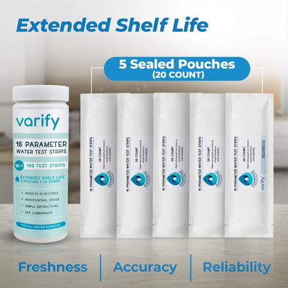 Varify 17in1 Complete Drinking Water Test Kit - 100 Strips + 2 Bacteria Tester Kits - Well, Tap, Home, City Water Testing Strip for Lead, Alkaline, Chlorine, Hardness, Iron, Fluoride, Copper & More VARIFYBuy Supplements Australia