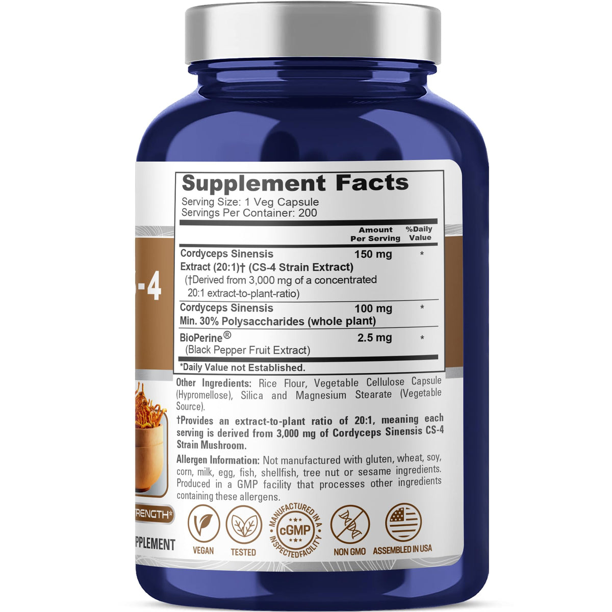 NusaPure Cordyceps 20:1 Extract, 150 mg Equivalent to 3,000mg 200 Veggie Capsules (Sinensis CS-4, Non-GMO, Vegan) Bioperine NusaPureBuy Supplements Australia