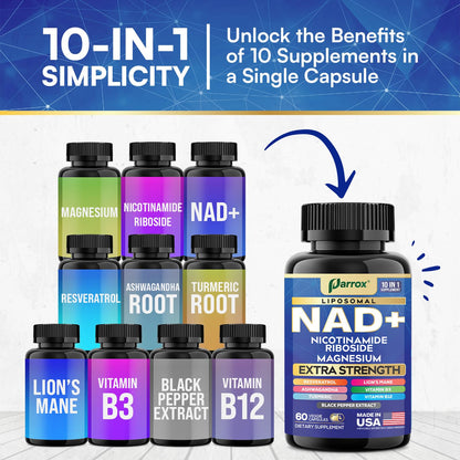 Parrox NAD+ Supplement with Liposomal NAD+, Nicotinamide Riboside, Magnesium, Vitamin B3 & B12, Resveratrol, Turmeric, Ashwagandha, Lion’s Mane,10-in-1 Extra Strength ParroxBuy Supplements Australia
