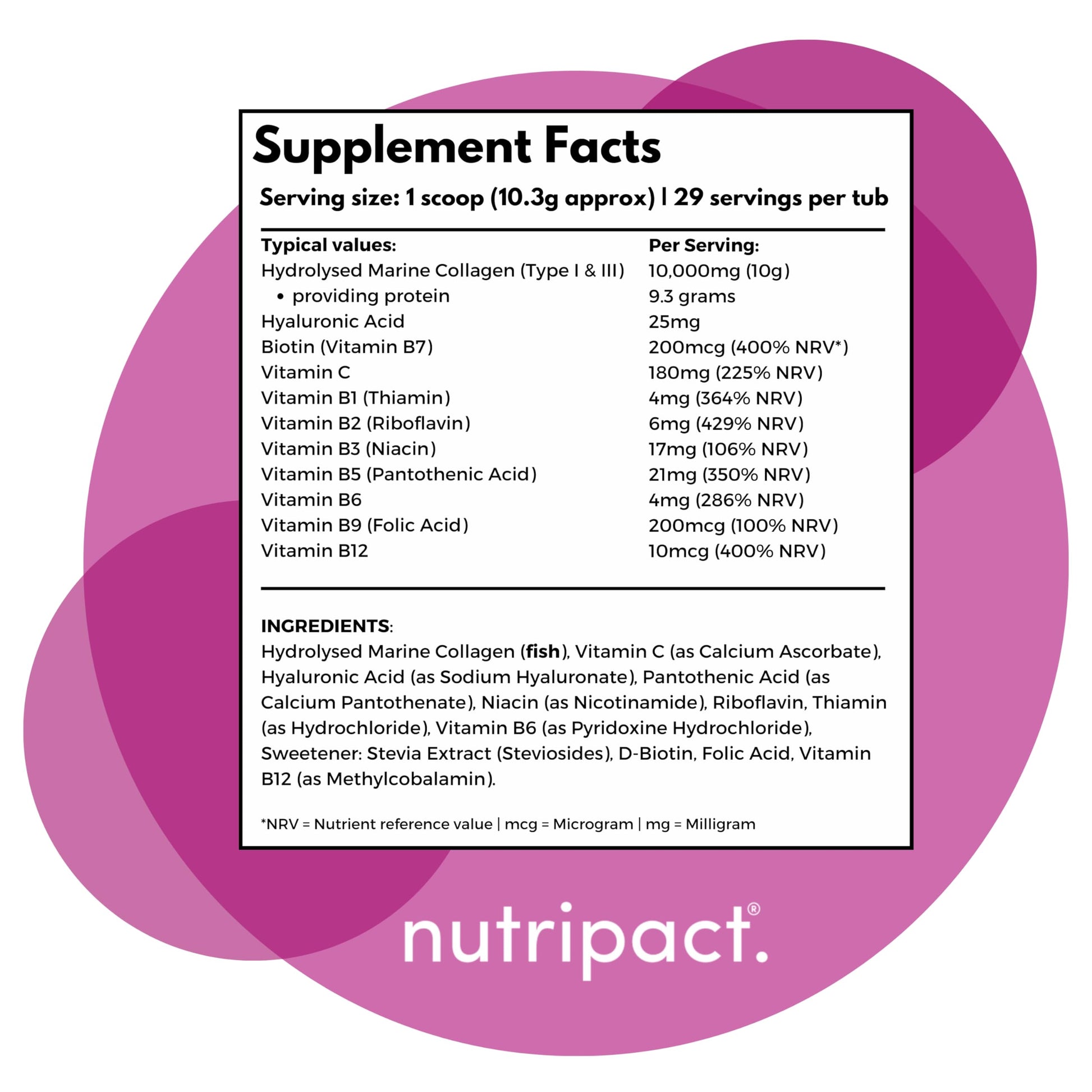 Hydrolysed Marine Collagen Peptides Powder with Hyaluronic Acid, Biotin, Vitamin C & B Vitamins – 10,000mg Collagen nutripactBuy Supplements Australia