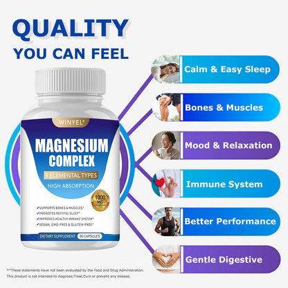 Magnesium Complex Supplement 8 Elemental 1000mg | Magnesium Supplement with Glycinate, Malate, Citrate | Sleep, Relaxation, Bone & Muscle | Vegan 90 Capsules WINYEL buy supplements Au