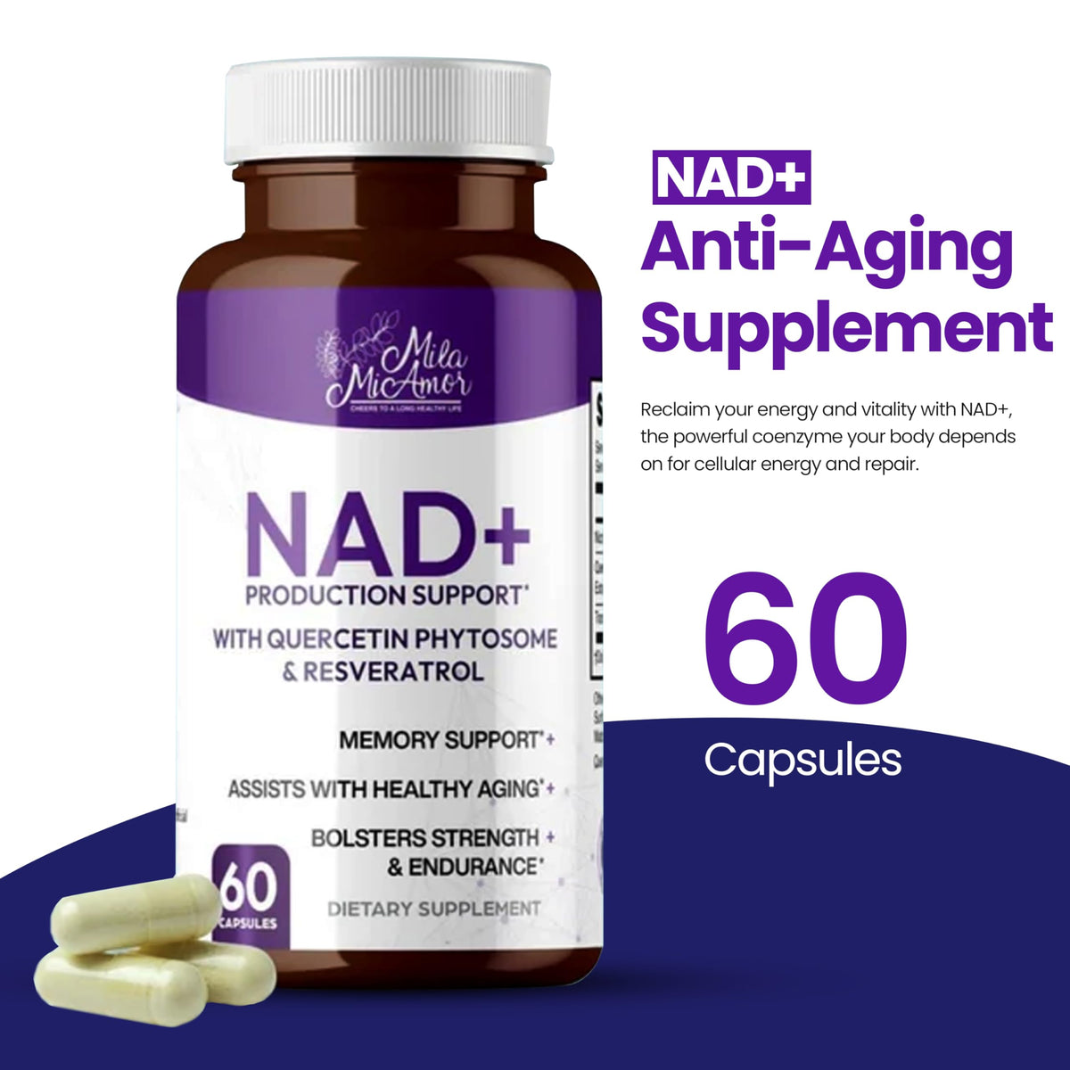 Mila Miamor NAD+ for Cellular Energy & Anti-Aging Supplement| Boost Focus, Vitality & Mitochondrial Function | Supports DNA Repair, Brain Health & Endurance | Non-GMO, Gluten-Free | 60 Capsules Mila MiamorBuy Supplements Australia