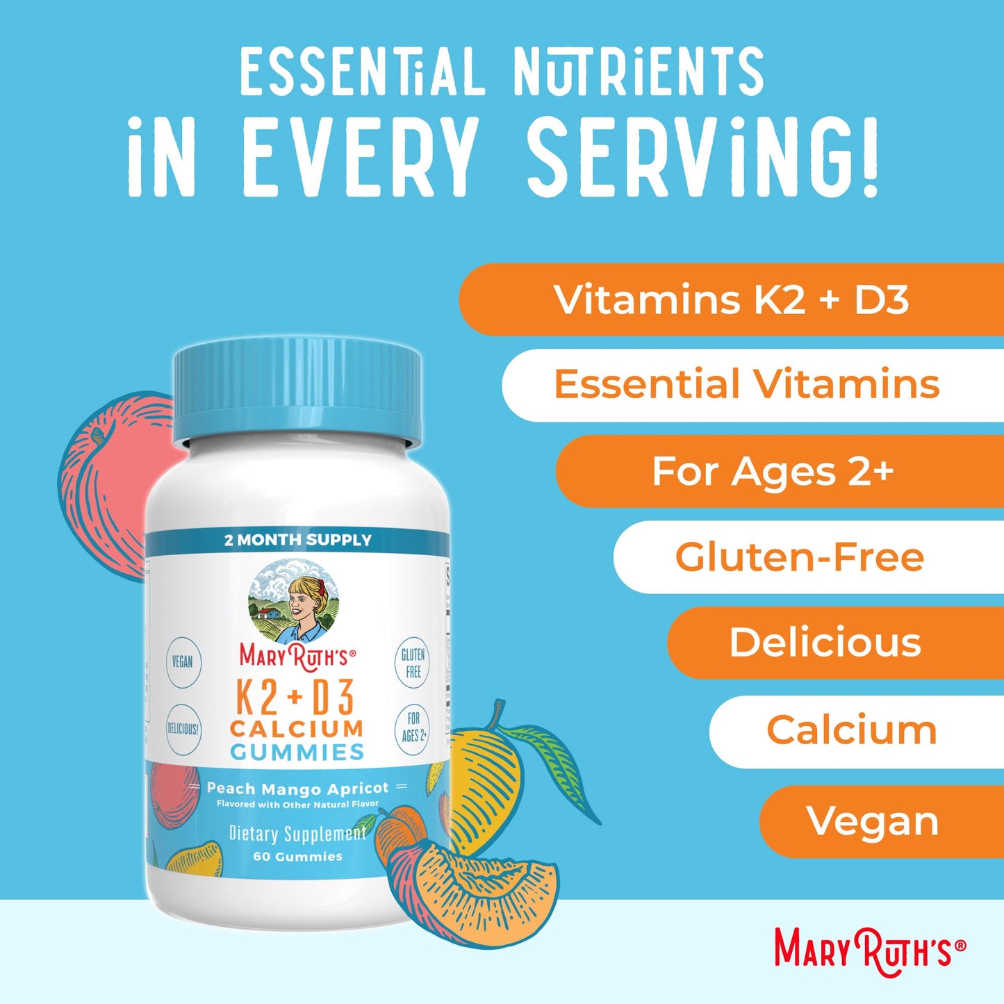 MaryRuth Organics Calcium with Vitamin D & Vitamin K2, 2 Month Supply, Calcium Supplement Supports Bone Health & Joint Support, with Vitamins D3 K2 Gummies, Vegan, Non-GMO, Gluten Free, 60 Count MARYRUTH'SBuy Supplements Australia