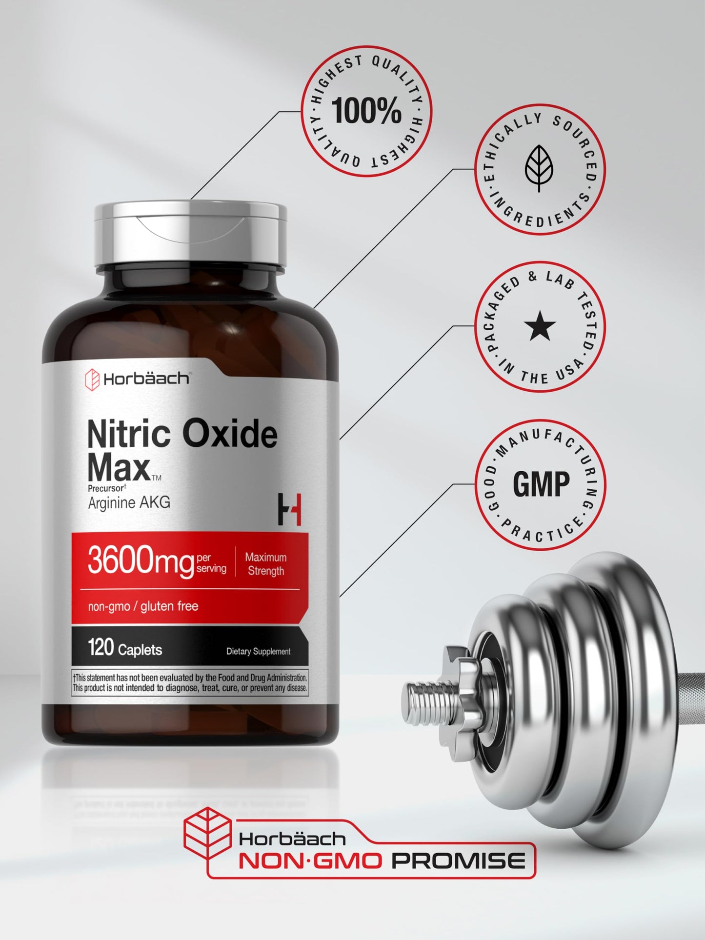 Horbäach Nitric Oxide Max 3600mg | 120 Caplets | with Arginine AAKG for Men and Women | Vegetarian, Non-GMO
