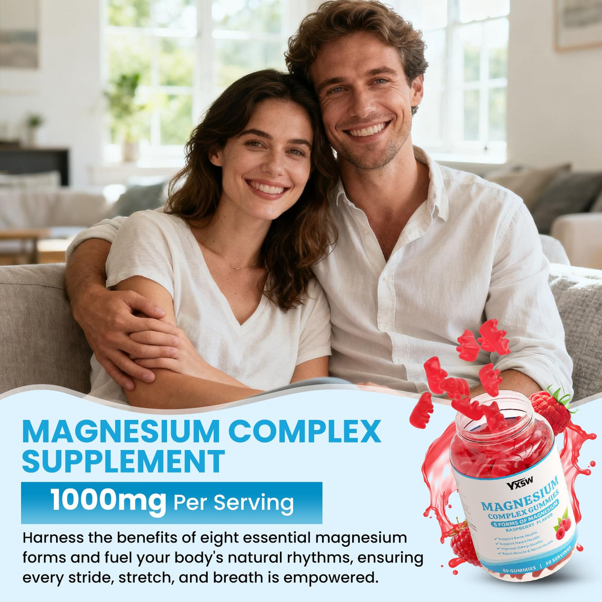Magnesium Complex Gummies 8 Elemental 1000mg - Magnesium Glycinate, Citrate, Malate, Taurate, Supports Bones, Muscle, Nerve Health, for Women & Men, Vegan Non-GMO, Raspberry Flavor, 60 Count YXSW buy supplements Au