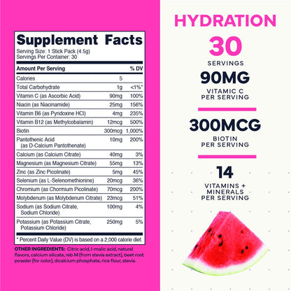 Type Zero Sugar Free Electrolytes Powder Packets + Clean Hydration Powder Stick Packs with 14 Vitamins and Minerals - Watermelon Flavor, 30 Servings Type ZeroBuy Supplements Australia