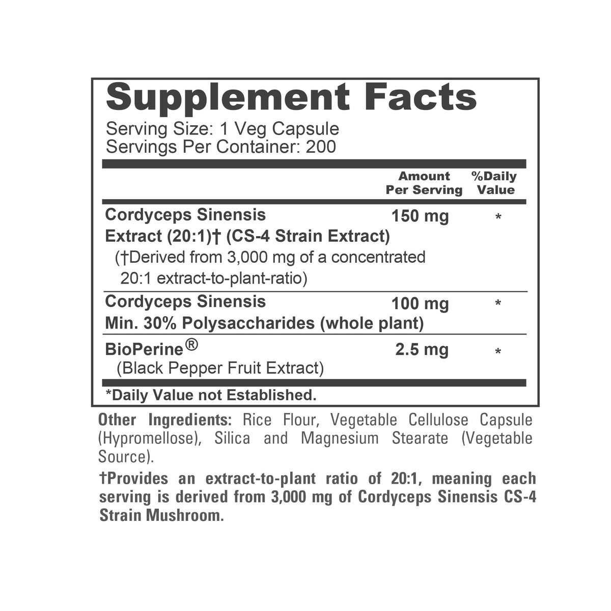 NusaPure Cordyceps 20:1 Extract, 150 mg Equivalent to 3,000mg 200 Veggie Capsules (Sinensis CS-4, Non-GMO, Vegan) Bioperine NusaPureBuy Supplements Australia