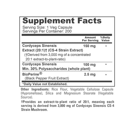 NusaPure Cordyceps 20:1 Extract, 150 mg Equivalent to 3,000mg 200 Veggie Capsules (Sinensis CS-4, Non-GMO, Vegan) Bioperine NusaPureBuy Supplements Australia