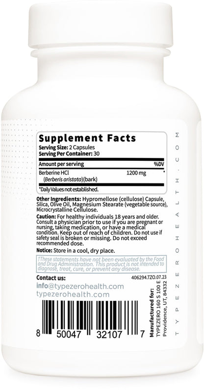 Type Zero Berberine HCL 1200mg 60 Capsules - Clean, Non-GMO, Gluten Free Supplement Type ZeroBuy Supplements Australia