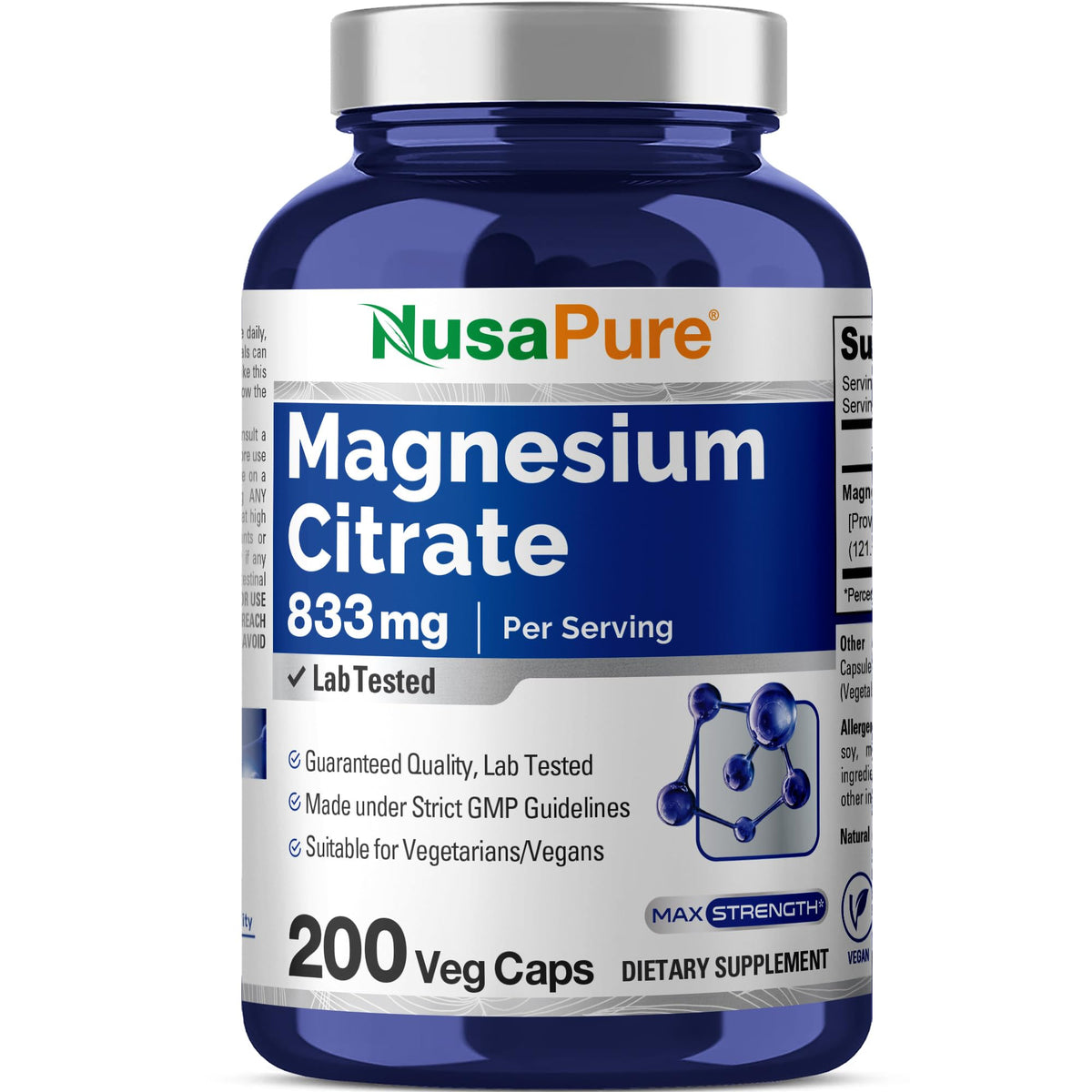 NusaPure Magnesium Citrate 833mg - 200 Veggie Capsules (Vegetarian, Non-GMO, Vegan) NusaPureBuy Supplements Australia
