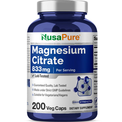 NusaPure Magnesium Citrate 833mg - 200 Veggie Capsules (Vegetarian, Non-GMO, Vegan) NusaPureBuy Supplements Australia