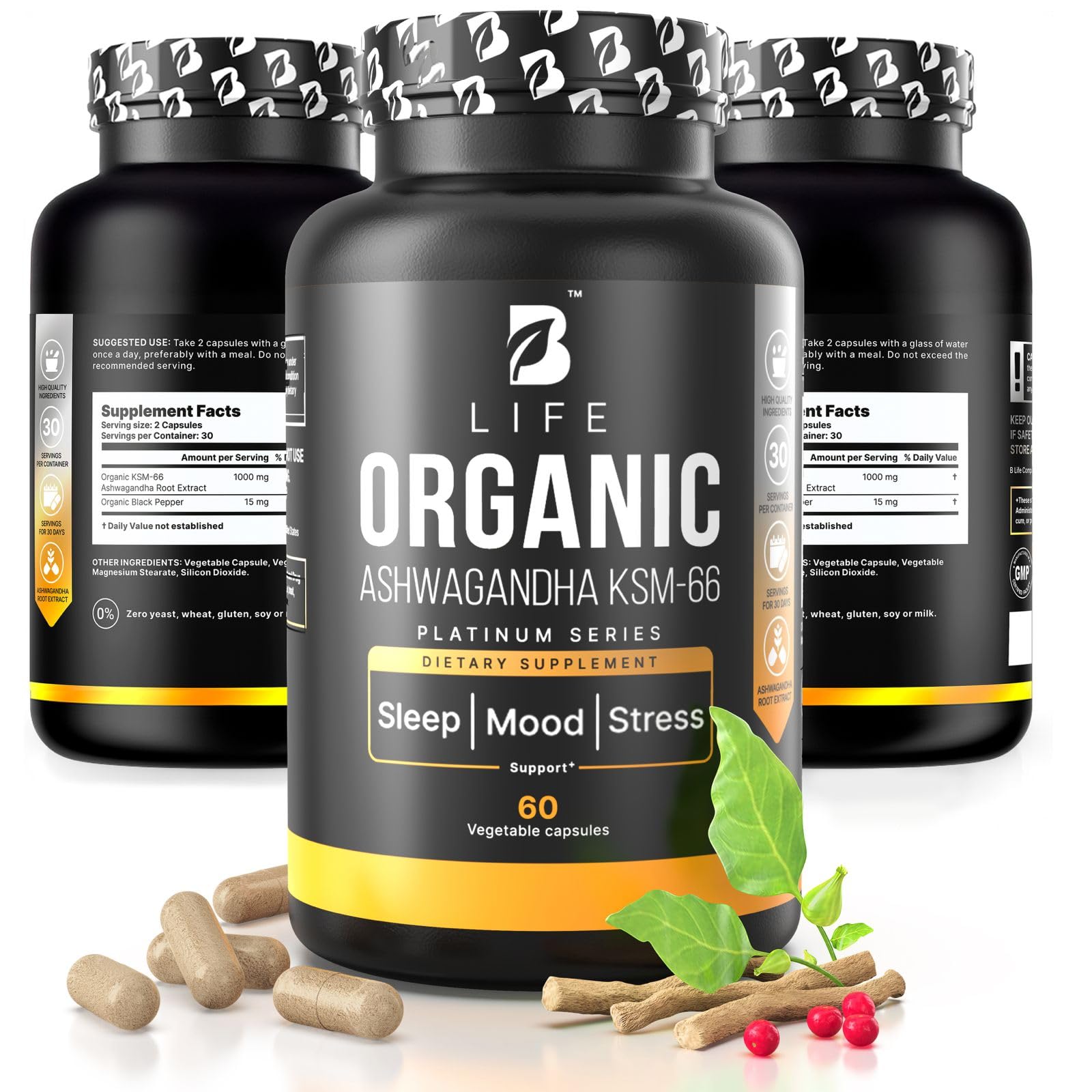 Organic Ashwagandha KSM-66 1000 mg Supplement | Adaptogen for Cortisol Support & Stress Relief | Mood, Calm & Sleep Aid for Men & Women | Ashwagandha ritual vitamins for women | 60 Vegan Caps B Life CompanyBuy Supplements Australia