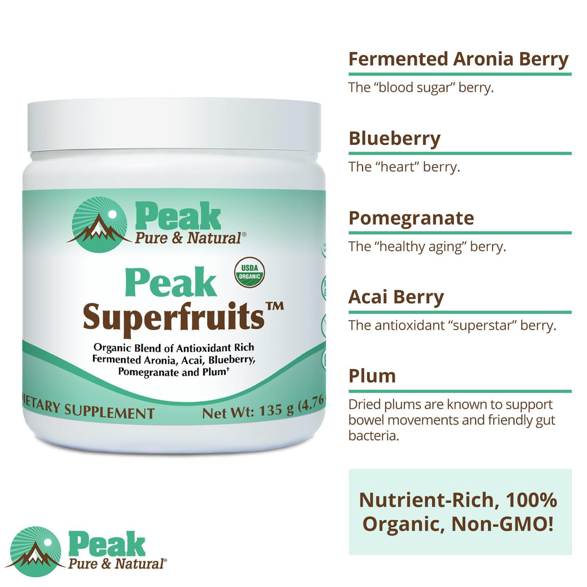 Peak Organic Superfruits - Polyphenol Rich Superfood Powder - Non-GMO Fermented Aronia Berry, Acai, Blueberry, Pomegranate, and Plum - Aging, Metabolic Health, Heart Health (30 Servings) Peak Pure & Natural buy supplements Au