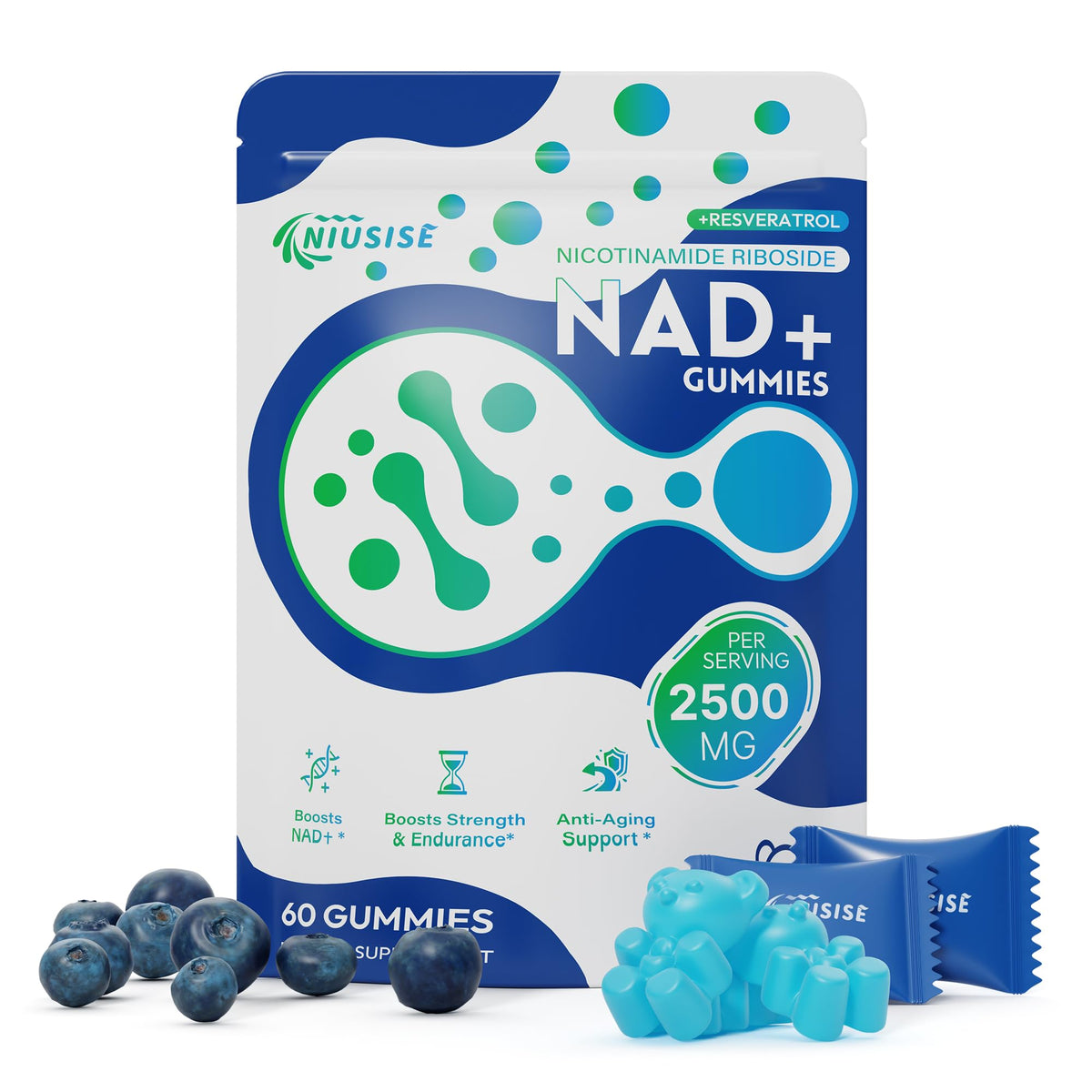 NAD+ gummies packaging with blueberries on a white background