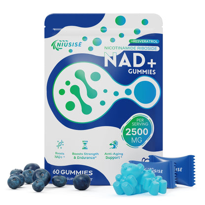 NAD+ gummies packaging with blueberries on a white background