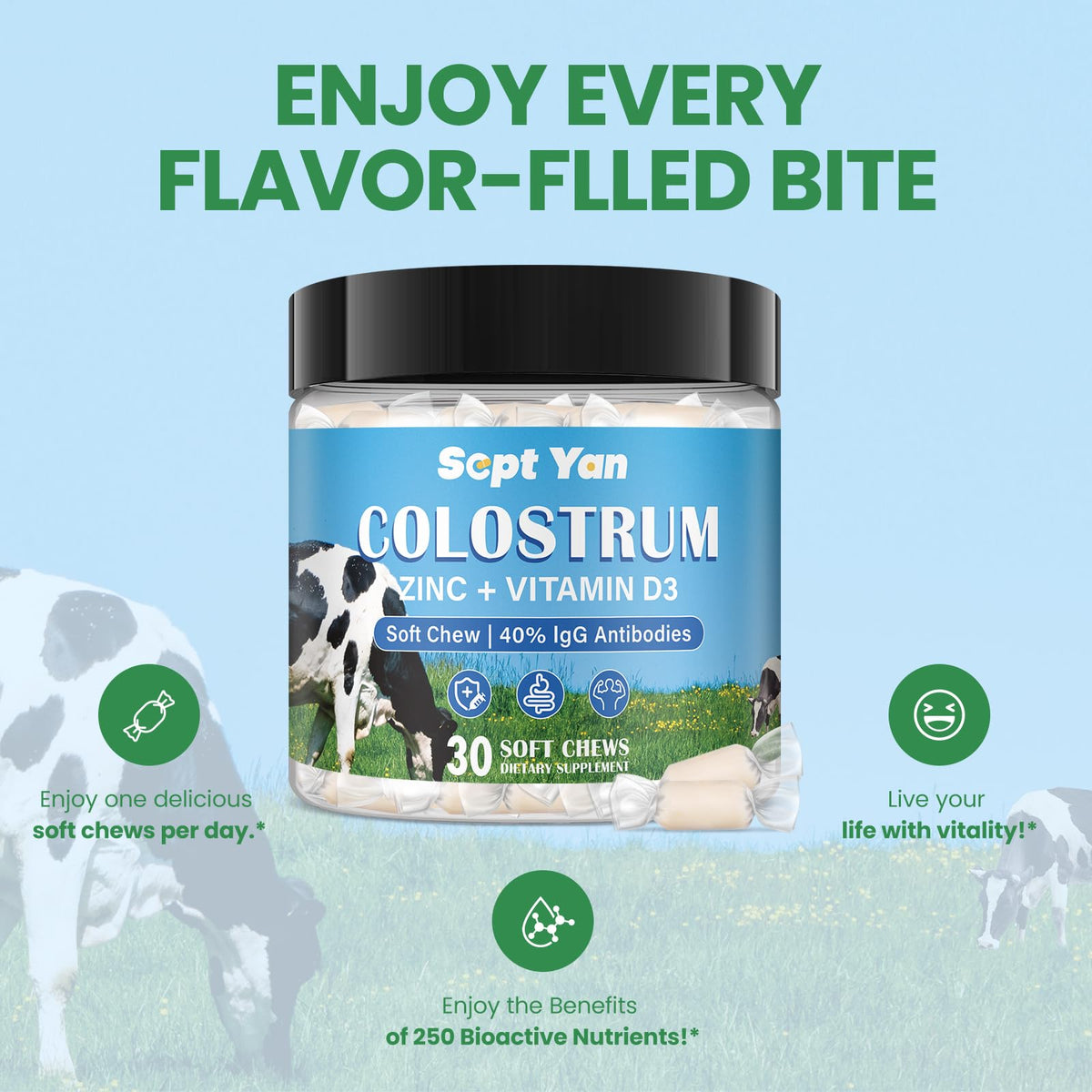 Colostrum Soft Chew Supplement (3000mg + 40% IgG), Concentrated Bovine Colostrum SEPT YANBuy Supplements Australia
