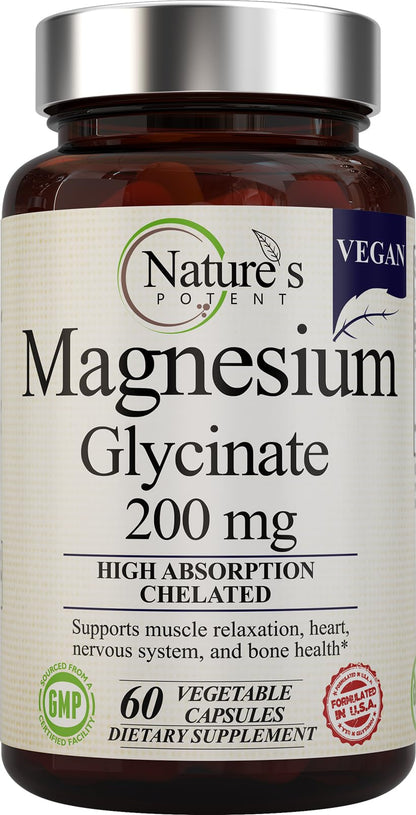 Nature’s Potent Magnesium Glycinate 200mg | High Absorption Chelated Magnesium | Sleep, Calm & Muscle Cramp Support | Vegan Supplement | 60 Capsules Nature's PotentBuy Supplements Australia